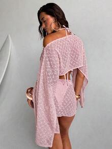 Conjunto de 2 piezas de mujer para primavera/verano con textura de jacquard, blusa tipo chal y minifalda de estilo envolvente, ropa de playa/resort para mujer - Rosa Pálido - Ver 2