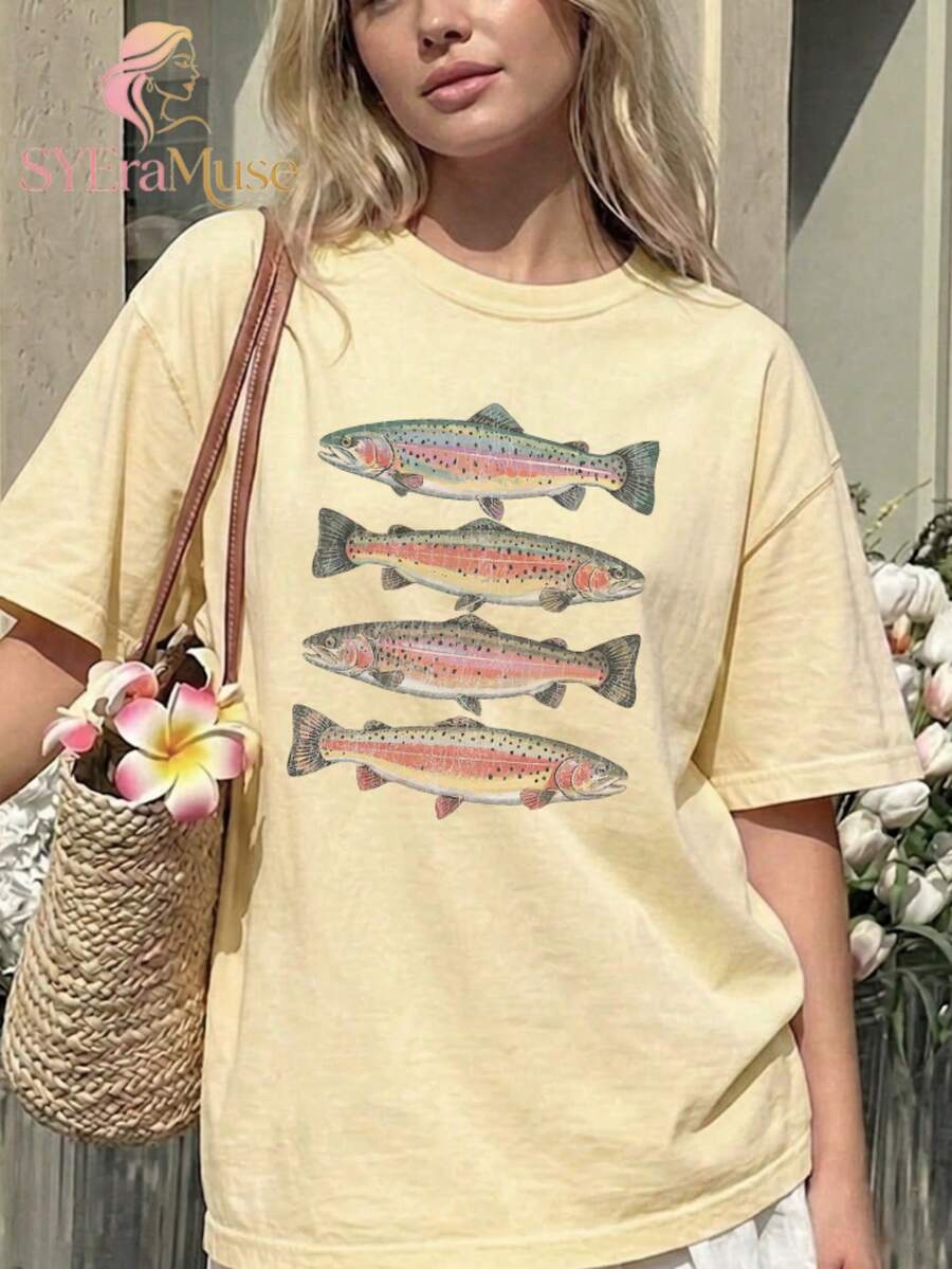 Women's Oversized "Vintage Trout Fish" Nature Graphic T-Shirt, Casual Summer Tops, Graduation, Vacation - 黃色 - 查看 1