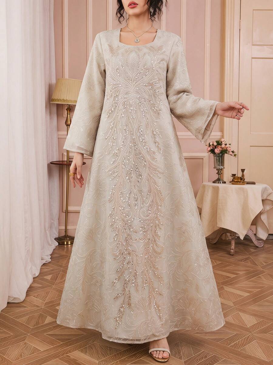 Solessence Áo Kaftan/Jalabiya dài thanh lịch dành cho nữ, thêu họa tiết, thiết kế cổ tròn và tay dài thông thường, được làm từ vải dệt không co giãn, mềm mại, lý tưởng cho các dịp trang trọng mùa xuân. - Màu be - Xem 1