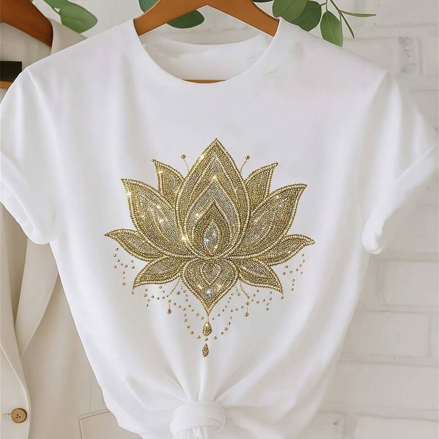 Camiseta para Mujer con Estampado de Letra "C" y Texto Dorado, Manga Corta - Blanco - Ver 1