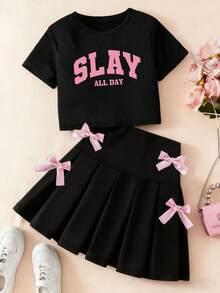 Young Girl Letter Print Round Neck Short Sleeve Top And Skirt Set - Black - View 1
