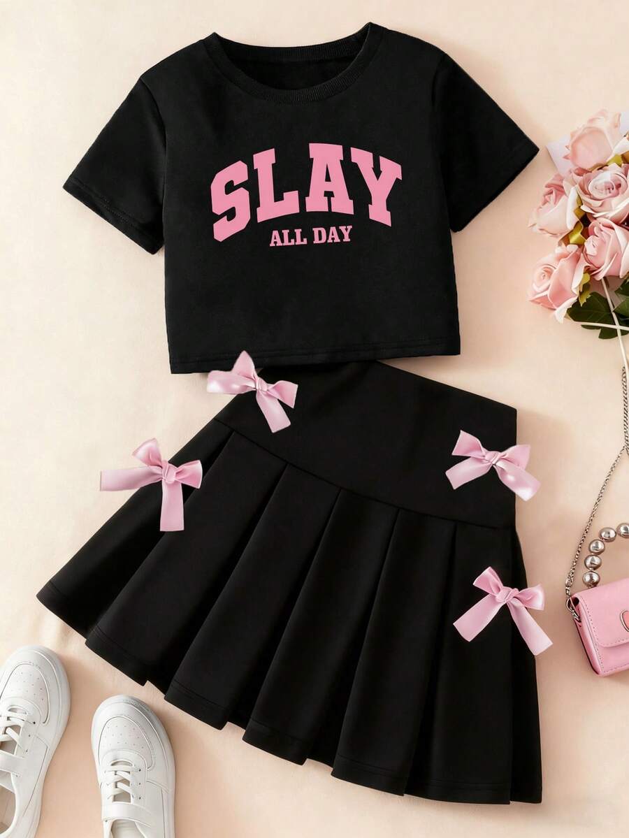 Young Girl Letter Print Round Neck Short Sleeve Top And Skirt Set - Black - View 1
