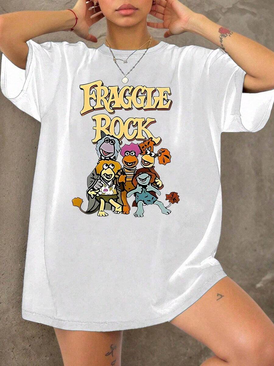 Women's Fraggle Rock Cartoon Character Print Short-Sleeve T-Shirt - Casual Vintage Style Crewneck Top, Soft Stretch Fabric, Machine Washable, All-Season Comfort, Cute Apparel For Music Fans, Opaque Material Minimalist Style Sweatshirt,Valentine Outfits For Women,Valentine's Day,Summer - 白色 - 查看 1