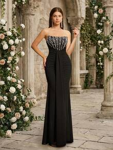 VIPGIRL Black Beaded Strapless Formal Evening Gown For Women, Elegant Sleeveless Maxi Dress With Open Back Design And Ruffle Hem, Suitable For Balls And Evening Events Wedding Party - Black - View 5