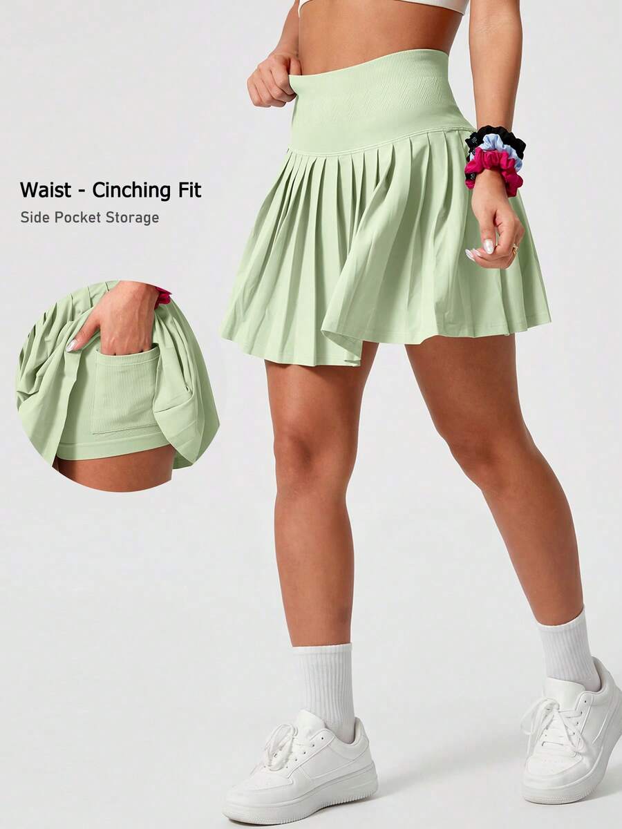 Leorrey 1 pieza Falda mini plisada de unicolor, cómoda y sin costuras, de cintura alta, antideslumbrante, para uso casual, tenis, entrenamiento y running para mujeres - Verde - Ver 1