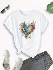 Camiseta de Cuello Redondo con Estampado de Ramo de Flores en Forma de Corazón para Mujer, Tejido Transpirable y Cómodo para el Verano - Blanco - Ver 11