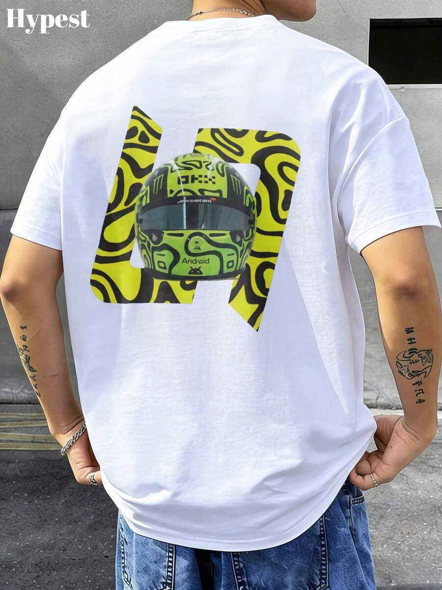 Herren-T-Shirt aus 100% Baumwolle, entspannte Passform, mit einem Design, das von Formel-1-Helmen inspiriert ist und mit gelben Motiven verziert ist. Ein modisches und bequemes Streetwear-Kleidungsstück für den - Weiss - Übersicht 1