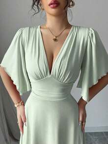 Nuevo vestido elegante corto para mujer con cuello en V, busto fruncido, mangas con volantes y cintura ceñida.Favorecedora y elegante. - verde menta - Ver 4