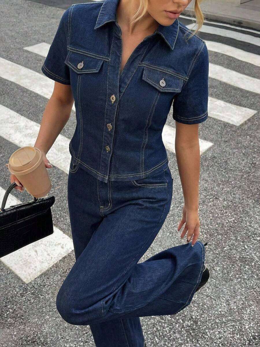 Conjunto de top vaquero de manga corta con botones delanteros y pantalones vaqueros de pierna ancha, casual y de uso diario para verano - Azul lavado oscuro - Ver 1
