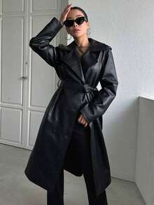 Abrigo de trinchera de piel de poliuretano con cinturón, cuello solapa y doble botonadura, estilo de moda callejera de unicolor para mujer, chaqueta de mujer de otoño, ropa de mujer de otoño - Negro - Ver 3