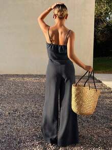 Conjunto de 2 piezas de top de tirantes con volantes y pantalones sueltos casuales de verano para mujer - Gris Oscuro - Ver 2