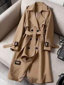 Abrigo de mujer versátil y elegante para otoño/invierno, abrigo largo de trench casual y de moda para ir al trabajo, abrigo midi de estilo británico para primavera - Caqui oscuro - Ver 1