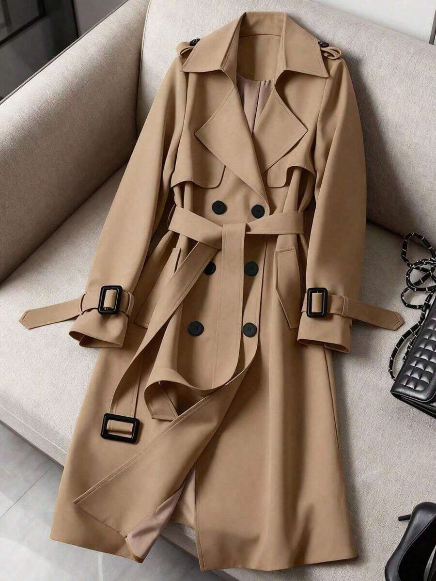 Abrigo de mujer versátil y elegante para otoño/invierno, abrigo largo de trench casual y de moda para ir al trabajo, abrigo midi de estilo británico para primavera - Caqui oscuro - Ver 1