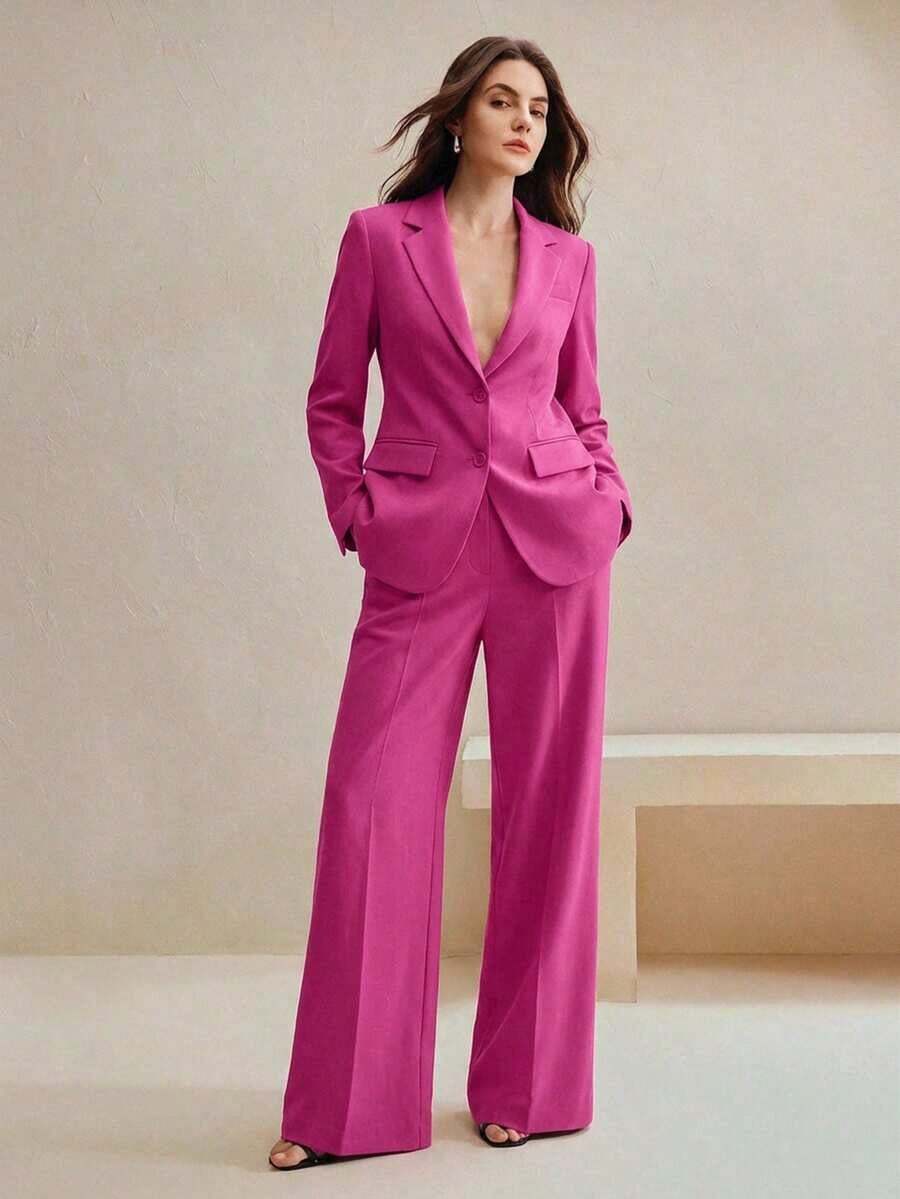 Conjunto de traje de mujer, blazer de unicolor estilo vintage + pantalones rectos, 2 piezas - Rosa 2 - Ver 1