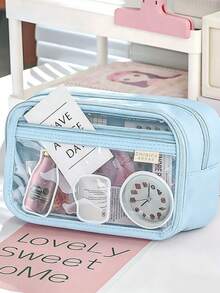1pc Transparent Fabric Solid Color Button Pencil Case, Extra Large Capacity Multi-Layer Stationery Storage Box, Multifunctional Desktop Pencil Box. Can Store Calculator, Notebook And Pens - Suitable For School, Office And Travel - Suitable For Students, Professionals, Male And Female, School Stationery Storage Box, Multifunctional Storage Box, Secure Zipper Closure, Pencil Case - Multicolor - View 9