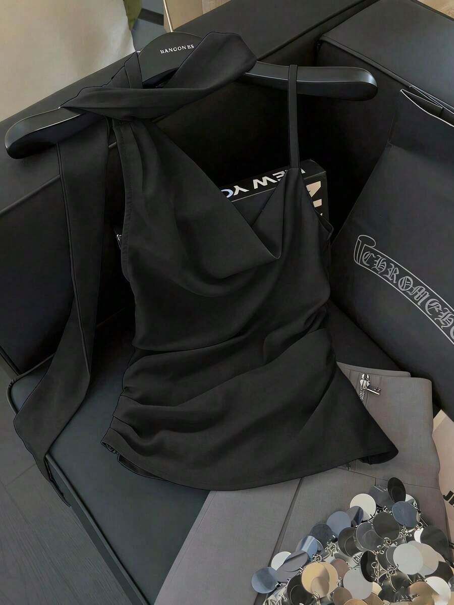 Blusa de tirantes asimétrica plisada en la cintura, de unicolor, para mujer, ideal para primavera/verano, estilo francés romántico de Sicilia, elegante y casual, para ir a trabajar, de vacaciones, tomar el té por la tarde, San Valentín, bodas y fi - Negro - Ver 1
