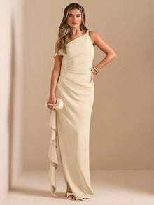de dama de honor de otoño/invierno, vestido largo elegante con pliegues, abertura alta, volantes y hombros oblicuos con nudo retorcido y sin tirantes, sexy para fiestas - Albaricoque - Ver 3