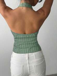 delgado de mujer de algodón con rayas, cuello alto y abotonadura sencilla, para otoño/invierno - Verde - Ver 2