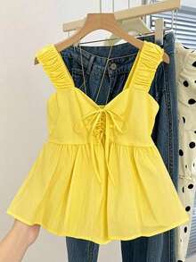 Blusa sin mangas de ajuste holgado con cintura anudada para mujer - Amarillo - Ver 8