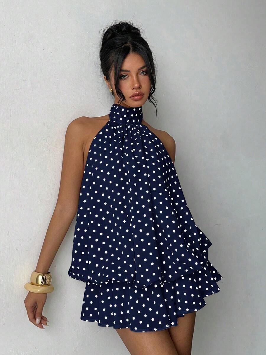 Vestido mini elegante de mujer con estampado de lunares y escote halter sin espalda - Azul marino - Ver 1
