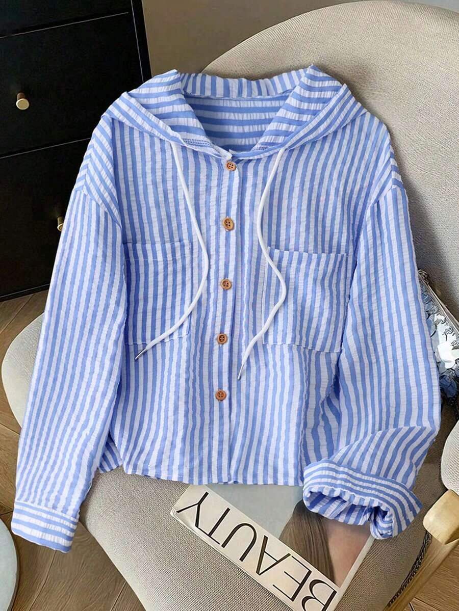 Camisa con capucha holgada con cordón de rayas azules y blancas para mujer, nueva para primavera/otoño - Azul - Ver 1