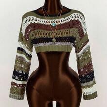 Striped Pattern Drop Shoulder Crop Sweater,Long Sleeve Tops - Multicolor - Ver 2