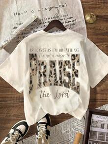 Camiseta con Estampado de Leopardo "Alabado Sea El Señor", Camiseta Cristiana Casual de Cuello Redondo y Manga Corta para Mujer, Tela Suave de Verano - Albaricoque claro - Ver 3
