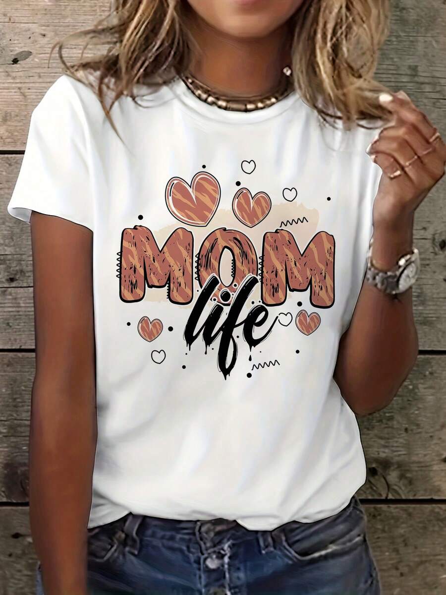 Camiseta de la vida de la madre de las mujeres - manga corta cuello de la tripulación blusa casual con mamá letras impresión, estiramiento medio adecuado para el verano y la primavera, ropa casual lavable a la máquina para mamás, no cómodo cuello redondo tee