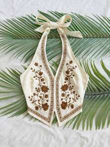 Top corto para mujer estilo bohemio sin mangas con diseño de espalda de tirantes, cuello halter con diseño anudado y bordados florales, adecuado para festivales de música - Marrón - Ver 6