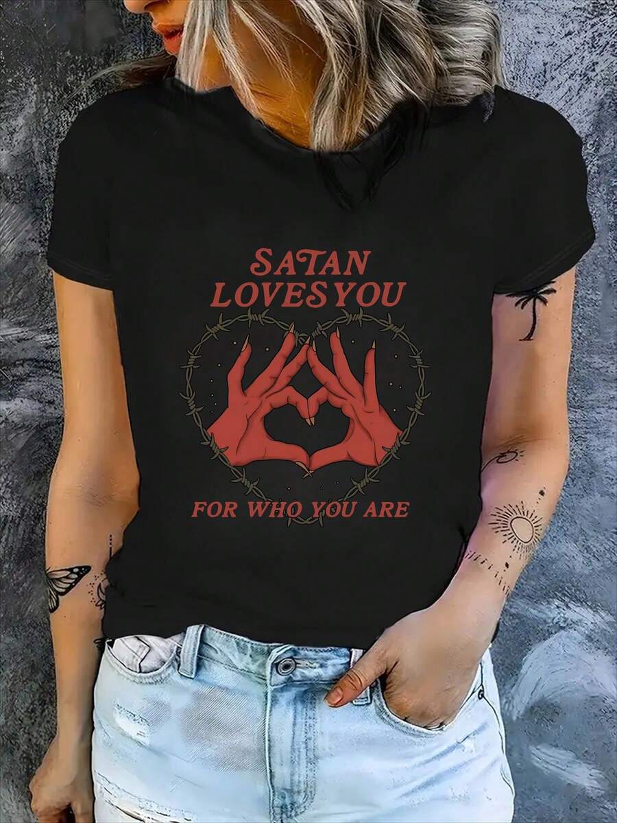 Valentine's Day, Because It's You I Love You Heart Gesture, Fashionable Casual Sporty Style Women's, Stylish And Fun Printed Comfortable Crew Neck Base Layer Tee, Suitable As A Gift T-Shirt, Comfortable, Breathable, Sweat-Absorbent, Lightweight - 黑色 - 查看 1
