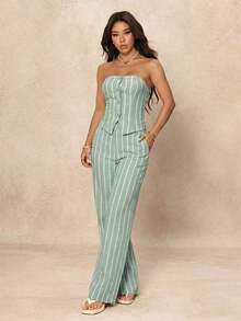 PETITE Conjunto de 2 piezas de top de tirantes de mujer a rayas y pantalones de moda - verde menta - Ver 3
