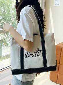 1pc Women's Canvas Shoulder Bag With "Beach" And Coconut Tree Print, Spring/Summer Style, Large Capacity, Suitable For School, Work Or Casual Use, Includes Cosmetic Bag And Pink Hair Clip, Suitable For White-Collar Women And Students, Multi-Compartment Design, Suitable For Beach, School, Work And Daily Use - Multicolor - View 5