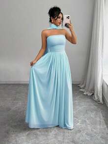 Elenzya 1 pieza Vestido largo de mujer de unicolor con detalle de pliegues, vestido largo elegante sin mangas para mujer - Azul - Ver 6