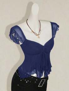 Top sin mangas con volantes, escote con pliegues, ajuste ceñido, parches de malla sexy, espalda con lazo, top casual de vacaciones - Azul marino - Ver 3