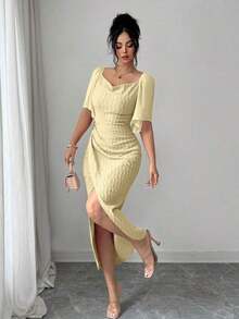 xheModelyn Vestido elegante ajustado con cuello de volantes, mangas de pétalos y hebilla metálica de bloque de color para mujer, primavera/veranoxhe - Amarillo - Ver 4