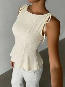 1 pieza Blusa de punto con volantes en el bajo, Uso casual de verano en color rosa - Albaricoque - Ver 4