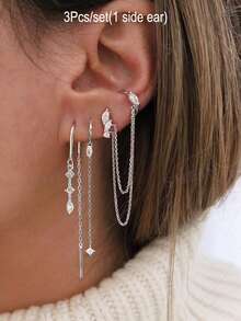 3pcs/Set Women's Zirconia Long Chain Earrings Set, Suitable For Vacation And Party Wear, Fashionable Jewelry Accessories - 3Pcs/set(for 1 Side Ear) - View 2
