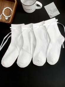 4 pares de calcetines blancos finos y versátiles para primavera/verano con lazo de cinta lateral, calcetines de media caña estilo Lolita - Multicolor - Ver 9