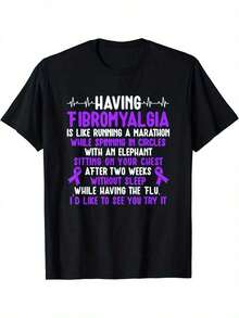 1 pieza - Camiseta de talla grande para el Mes de Concientización sobre la Fibromialgia para Mujeres - Diseño de lazo morado y corazón con eslogan inspirador, camiseta casual de manga corta y cuello redondo de talla grande, apoyo para enfermedades crónicas, ropa cómoda para todas las estaciones y para la concientización sobre la fibromialgia, 180g 100% algodón. - Negro - Ver 2
