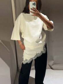 Camiseta larga casual de mujer con parches de encaje, cuello redondo, manga corta, bajo asimétrico, blusa holgada y versátil para el verano - Beis - Ver 2