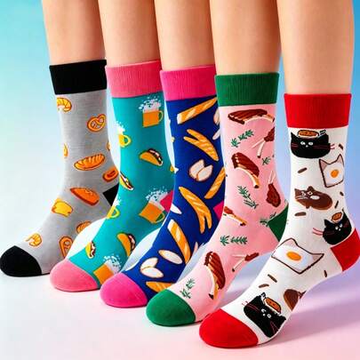 5 Pairs Funny Food Cartoon Crew Socks, Made Of Soft Skin-Friendly Fabric, Featuring Bread & Beer / Steak & Kitty Jacquard Designs, Contrast Ribbed Cuffs, Breathable & Comfortable, Suitable For Daily Wear, Couple Outings, Sneakers, Unique Quirky Style!