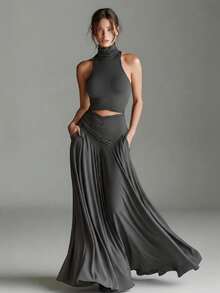 Nueva moda sin mangas blusa de cuello alto temperamento falda larga conjunto de dos piezas - Gris - Ver 1