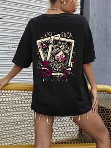 Camiseta de verano personalizada para mujer, de manga corta y cuello redondo, estampada con el diseño de "As de Espadas", estilo casual - Camiseta unisex de algodón holgada de manga corta y cuello redondo, estilo vintage urbano. - Negro - Ver 3