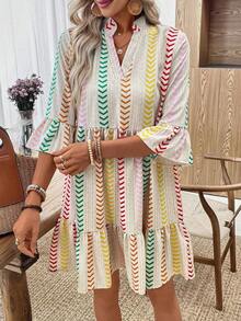 LUNE Vestido de verano de mujer con base blanca y estampado de hojas azules, cuello alto y manga 3/4 tipo patinadora - Multicolor - Ver 5