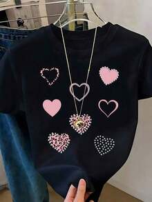 Respirable Playera Blanca de Mujer con Gráfico de 4 Corazones Rojos de Brillo y Borde Plateado, Camiseta de Estilo Aesthetic Brillante Manga Corta, Top Romántico y Femenino, Blusa Casual de Moda, ropa de calor mujer - Negro 3 - Ver 6