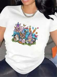 Black And White Short-Sleeved T-Shirt With An Easter Bunny Design, Perfect For Wearing At Home. It's Durable And Comfortable, Making It Ideal For The Living Room Or Dining Room. The Fabric Is Soft, With A Festive Print, And Offers A Casual Style. This Versatile Women's Short-Sleeved T-Shirt Is A Wardrobe Staple That Can Be Worn As Both An Undershirt And An Outer Layer. - 白色 - 查看 12
