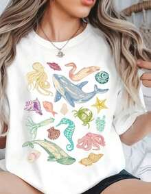 Free  de mujer de verano con cuello redondo y estampado de vida marinaHolidayNigh - Blanco - Ver 5
