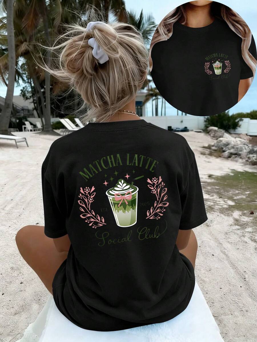 Plus Size - Plus Size - Resort Wear Vacation Style Matcha Latte Social Club Printed Fashionable And Elegant Women's T-Shirt, Casual And Versatile Easy And Comfortable Short Sleeve Top, T-Shirt New Women's Summer Clothing Summer Tops - Black - View 1