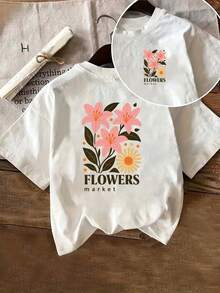 Short Sleeves Front And Back, Floral Print, Women's Casual T-Shirt With Lily Print, Short Sleeves, Round Neck, Suitable For Summer And Spring. - White - View 2