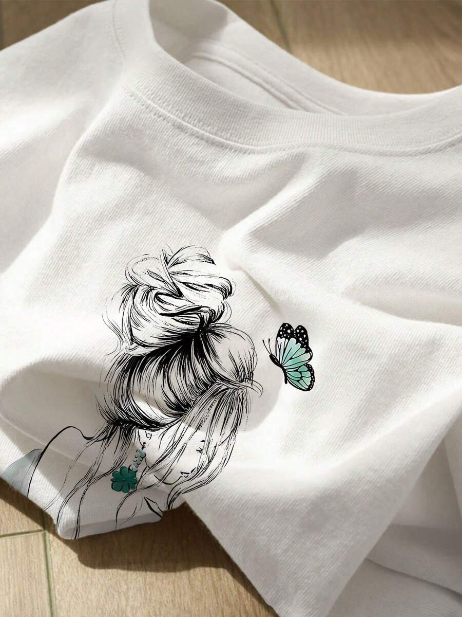 Short-Sleeved T-Shirt With Hand-Drawn Style Print And Round Neck - 白色 - 查看 1